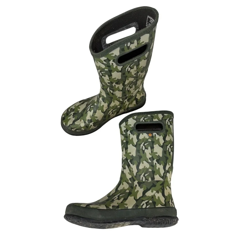 Bogs Kids Rain Boots Army Camo Green Rubber Waterproof Pull On Youth Size 4